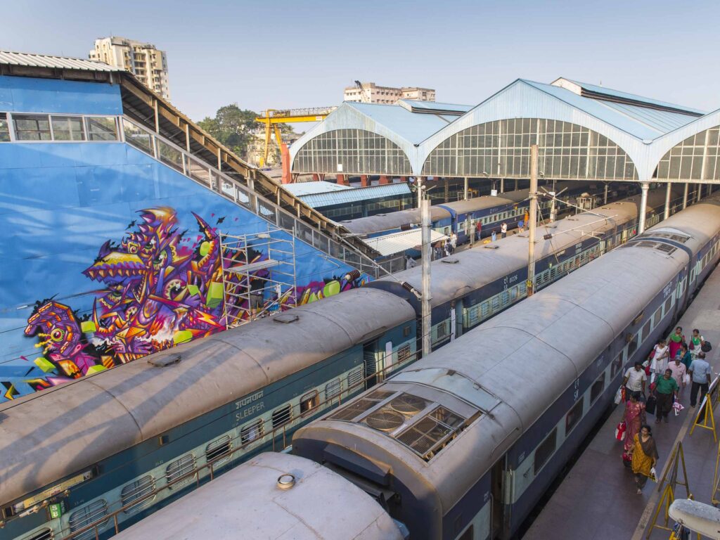 Colorful mural by Base 23 in the Egmore trainstation